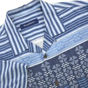 Tommy Bahama Mens Sz Medium 100% Silk Button Up Camp Shirt Blue Stripe Geometric